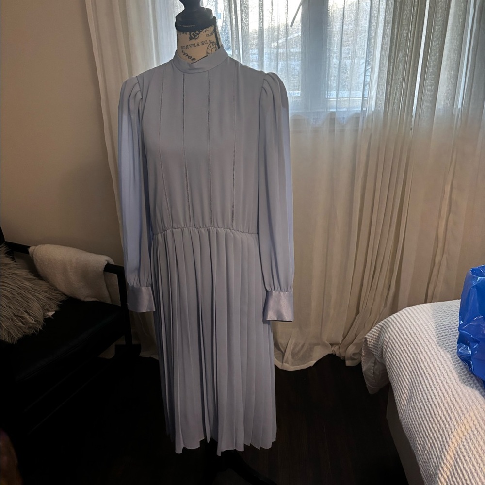 Vintage Pleated Long Sleeve Midi Dress - Light Blue